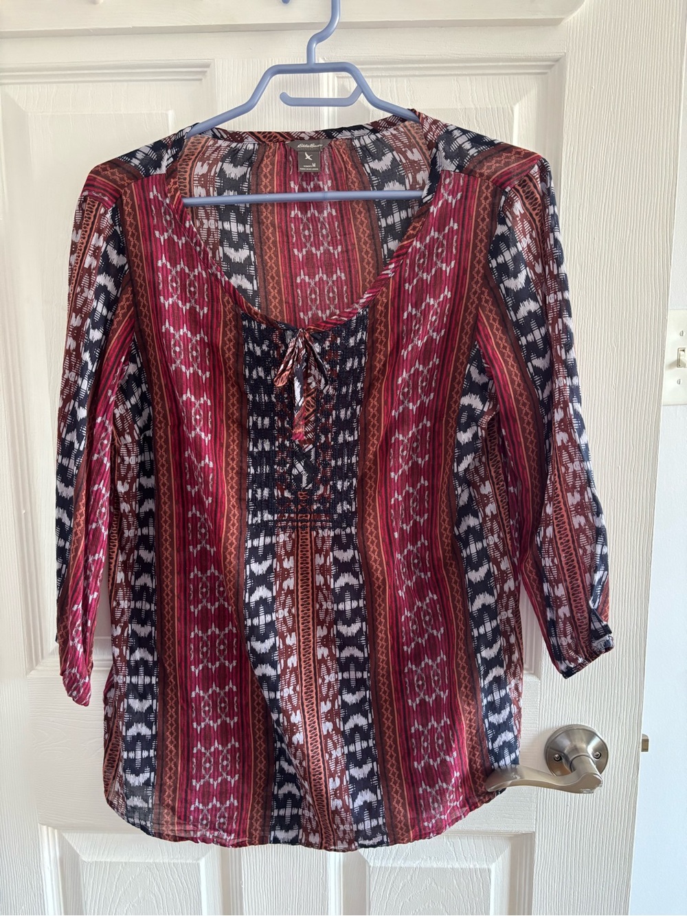 Eddie Bauer Striped Boho Tie-Front Blouse in Wine, Black and Brown
